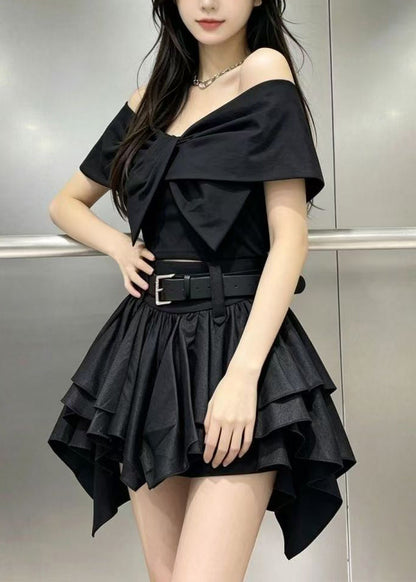 Women Black Cold Shoulder Layered Cotton Women Sets 2 Pieces Summer