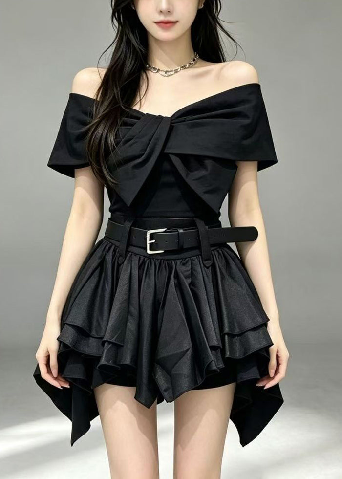 Women Black Cold Shoulder Layered Cotton Women Sets 2 Pieces Summer