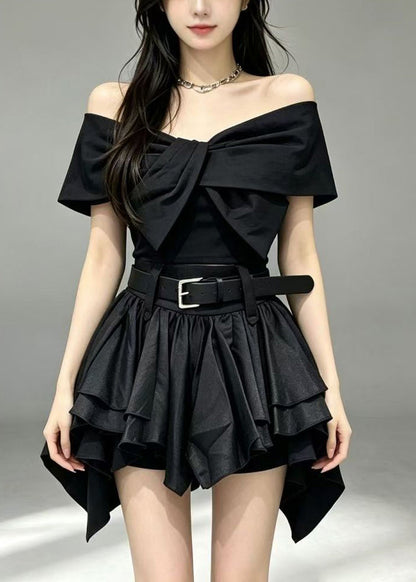 Women Black Cold Shoulder Layered Cotton Women Sets 2 Pieces Summer