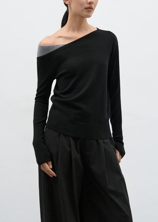 Women Black Cold Shoulder Patchwork Knit Sweaters Spring