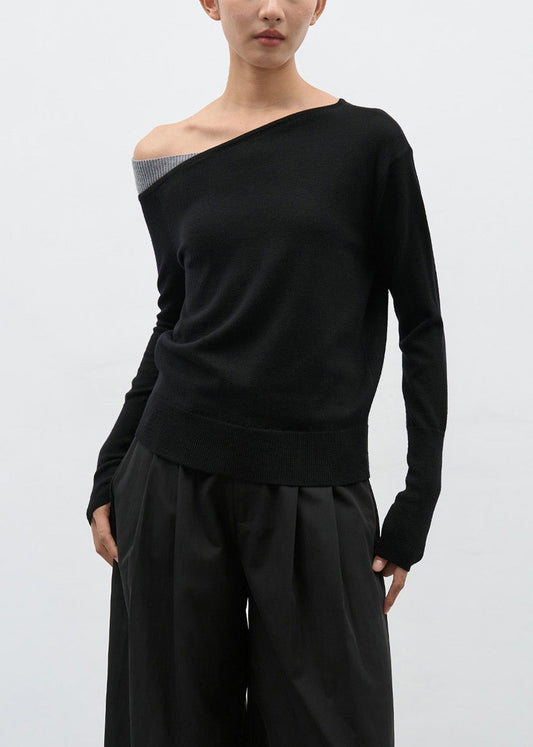 Women Black Cold Shoulder Patchwork Knit Sweaters Spring