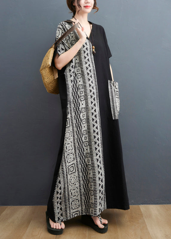 Women Black Colorblock V Neck Pocket Patchwork Holiday Dress Short Sleeve