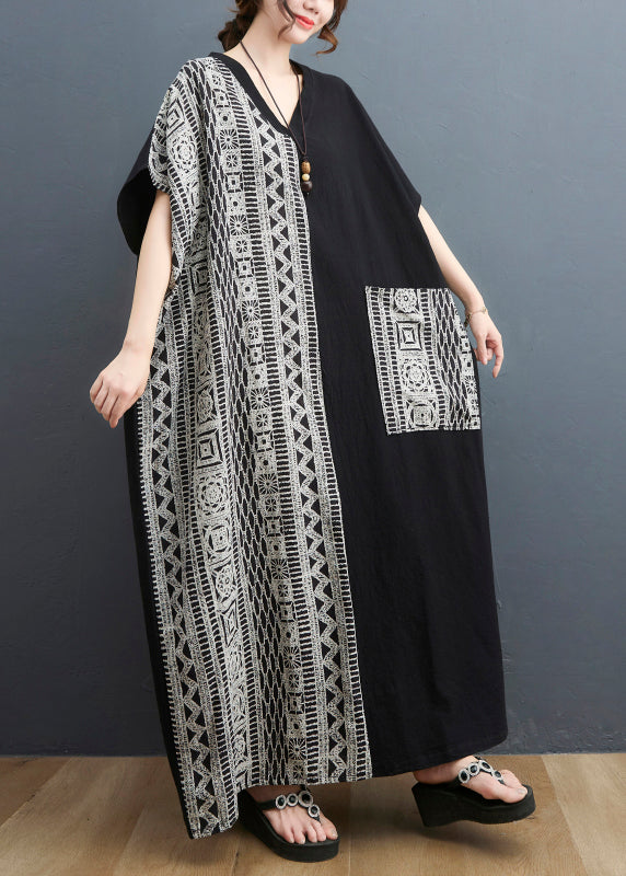 Women Black Colorblock V Neck Pocket Patchwork Holiday Dress Short Sleeve