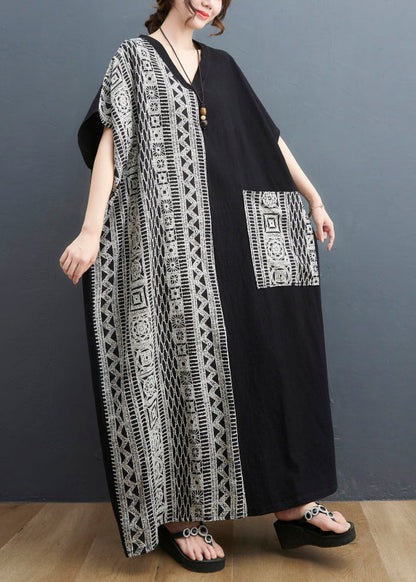 Women Black Colorblock V Neck Pocket Patchwork Holiday Dress Short Sleeve