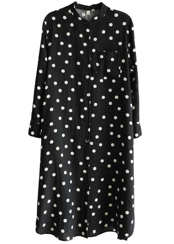 Women Black Dot Button Spring Maxi Dress - SooLinen