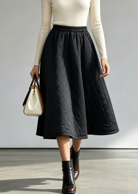Women Black Elastic Waist Fine Cotton Filled Skirts Fall