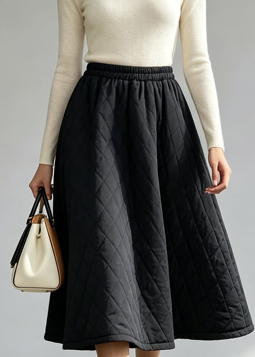 Women Black Elastic Waist Fine Cotton Filled Skirts Fall