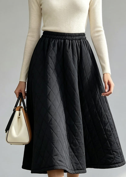 Women Black Elastic Waist Fine Cotton Filled Skirts Fall