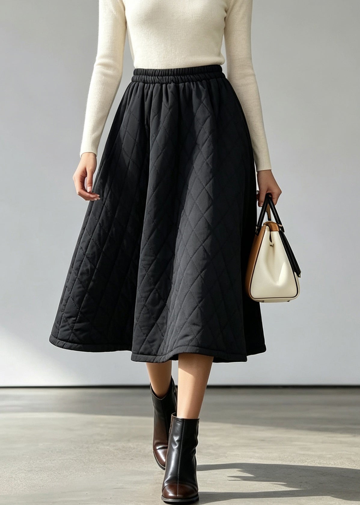 Women Black Elastic Waist Fine Cotton Filled Skirts Fall