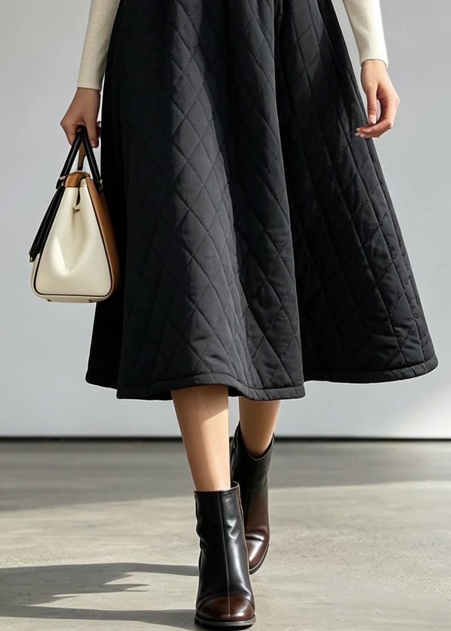 Women Black Elastic Waist Fine Cotton Filled Skirts Fall
