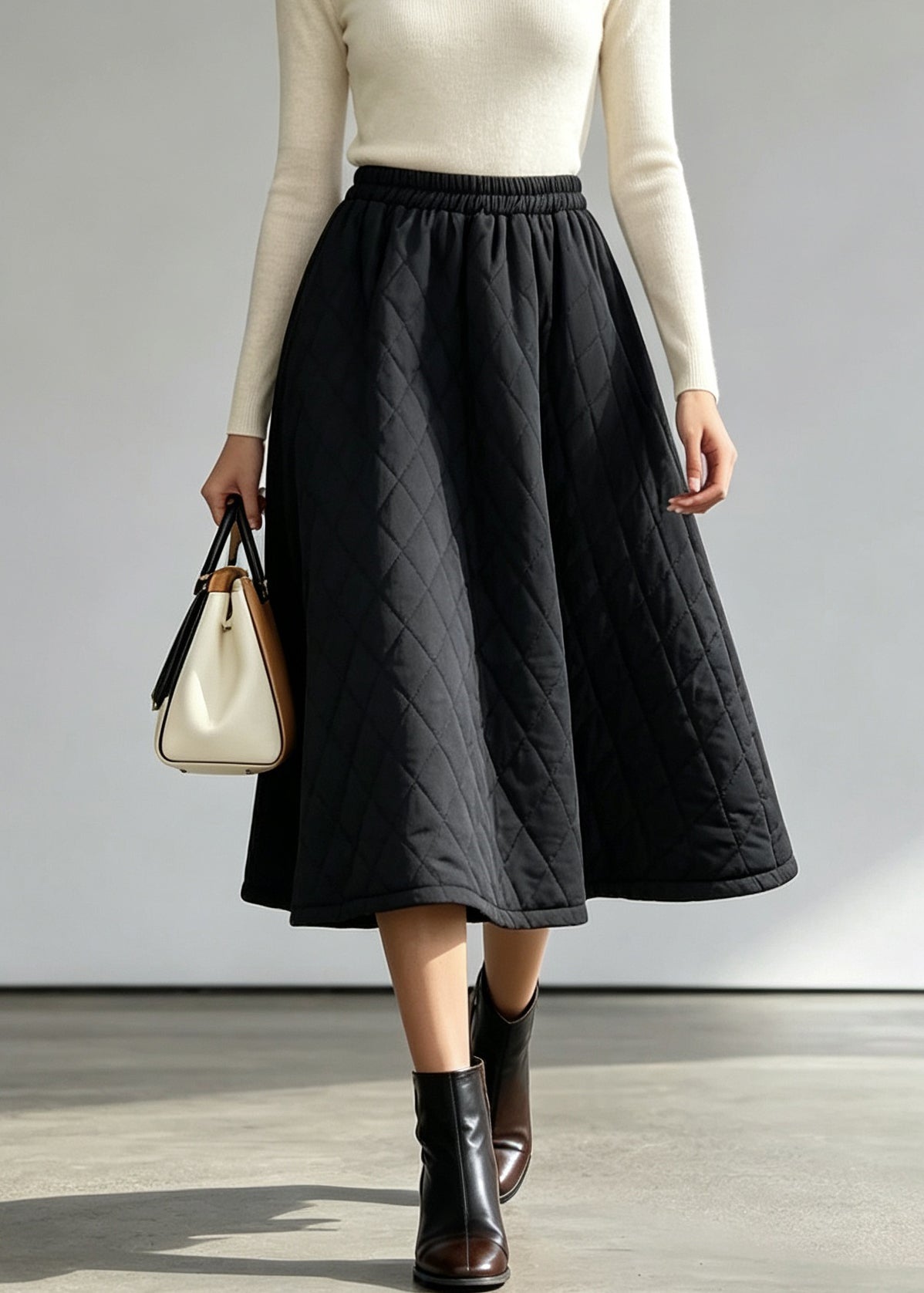 Women Black Elastic Waist Fine Cotton Filled Skirts Fall