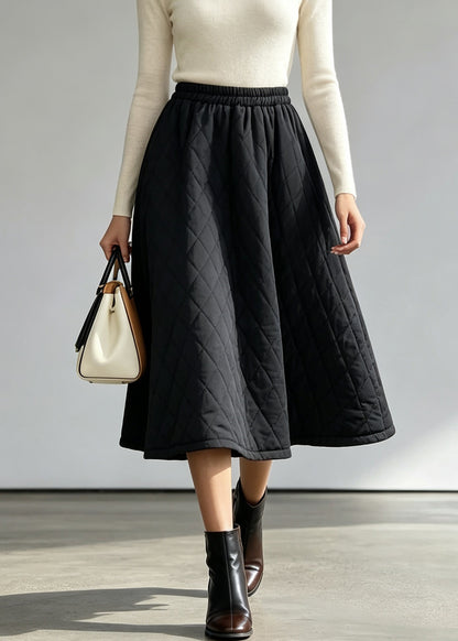 Women Black Elastic Waist Fine Cotton Filled Skirts Fall