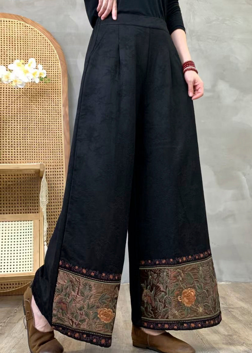 Women Black Embroidered Cotton Wide Leg Pants Spring