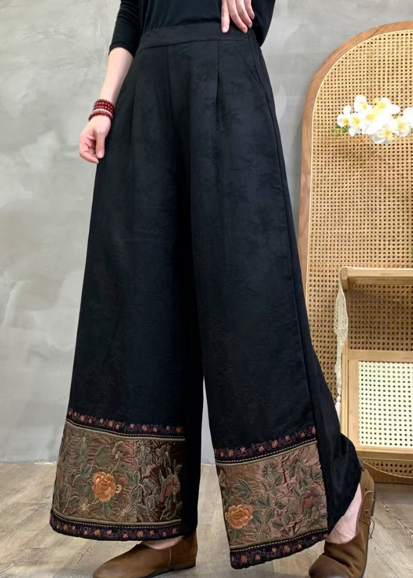 Women Black Embroidered Cotton Wide Leg Pants Spring