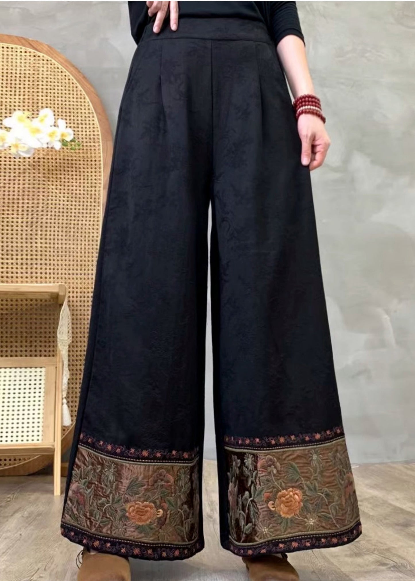Women Black Embroidered Cotton Wide Leg Pants Spring