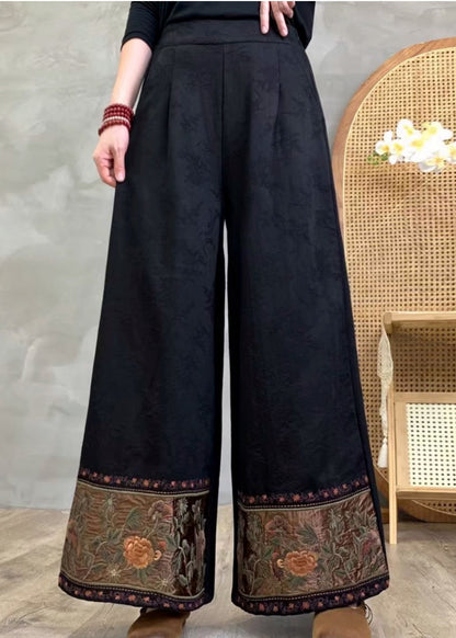 Women Black Embroidered Cotton Wide Leg Pants Spring