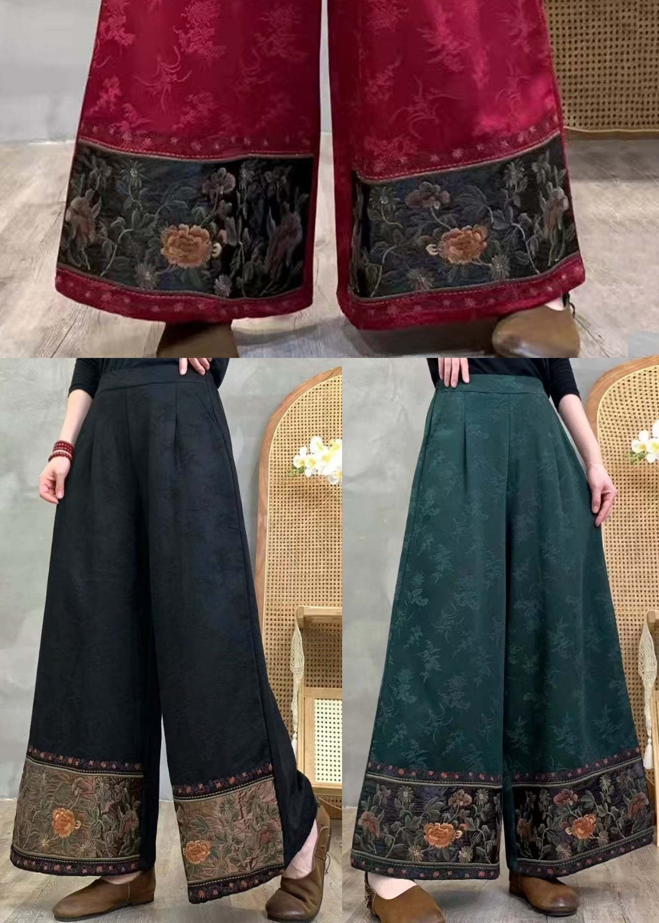 Women Black Embroidered Cotton Wide Leg Pants Spring