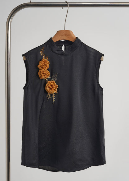 Women Black Embroidered Floral Decorated Silk Vest Sleeveless