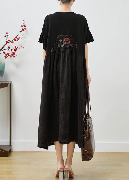 Women Black Embroidered Patchwork Cotton Long Dress Summer