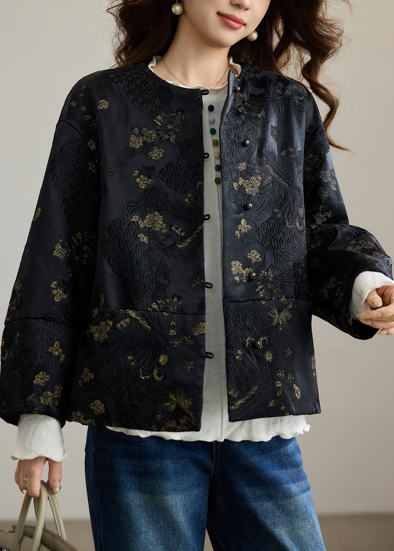 Women Black Embroidered Patchwork Silk Oriental Coats Spring
