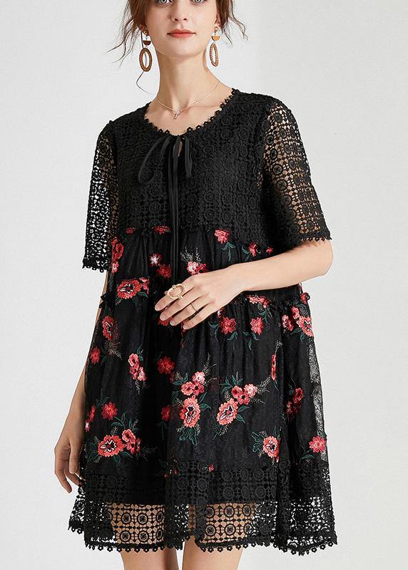 Women Black Embroidery Lace Bow Summer Dress - SooLinen