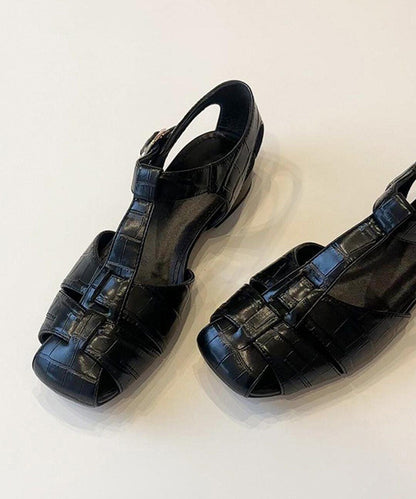 Women Black Faux Leather Flat Sandals Splicing Hollow Out