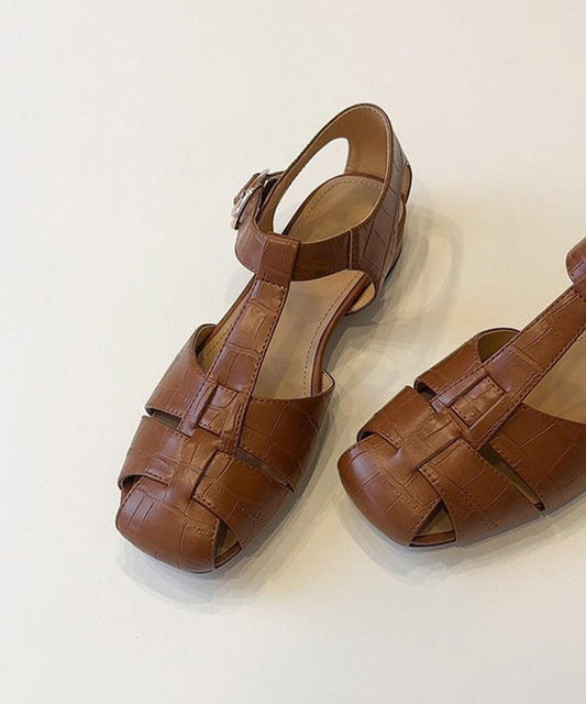 Women Black Faux Leather Flat Sandals Splicing Hollow Out