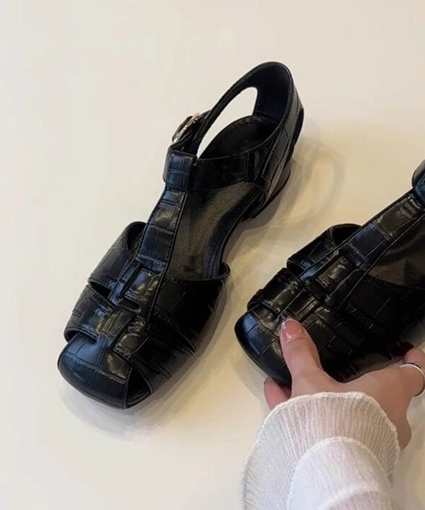 Women Black Faux Leather Flat Sandals Splicing Hollow Out