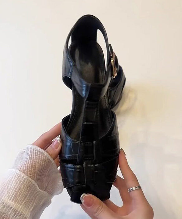 Women Black Faux Leather Flat Sandals Splicing Hollow Out