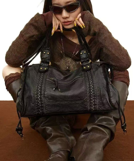 Women Black Faux Leather Large Capacity Tote Handbag