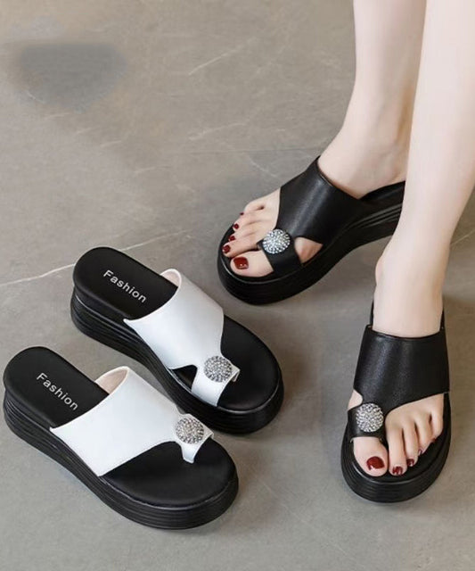Women Black Flip Flops Splicing Platform Cowhide Leather