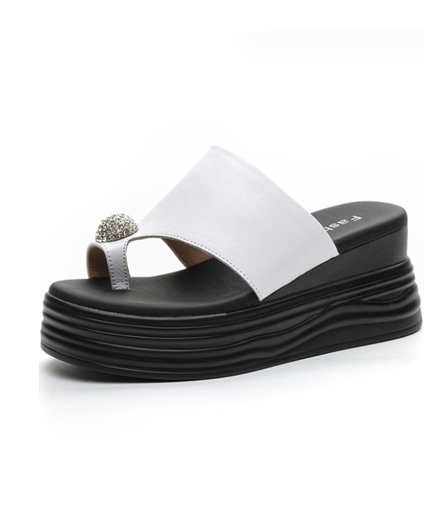 Women Black Flip Flops Splicing Platform Cowhide Leather