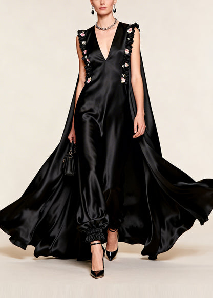 Women Black Floral Exra Large Hem Silk Evening Dress Sleeveless