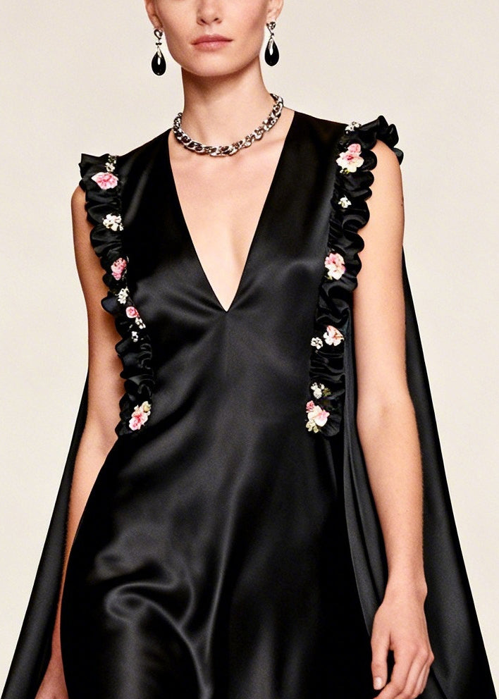 Women Black Floral Exra Large Hem Silk Evening Dress Sleeveless