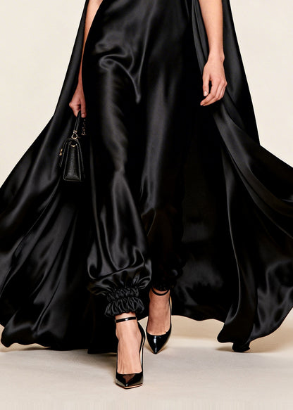 Women Black Floral Exra Large Hem Silk Evening Dress Sleeveless