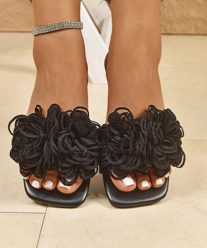 Women Black Floral Splicing Slide Sandals Peep Toe