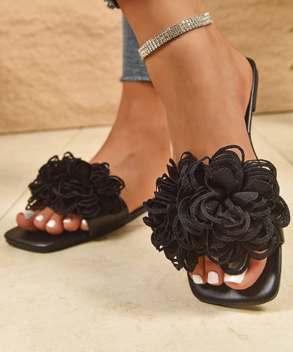 Women Black Floral Splicing Slide Sandals Peep Toe