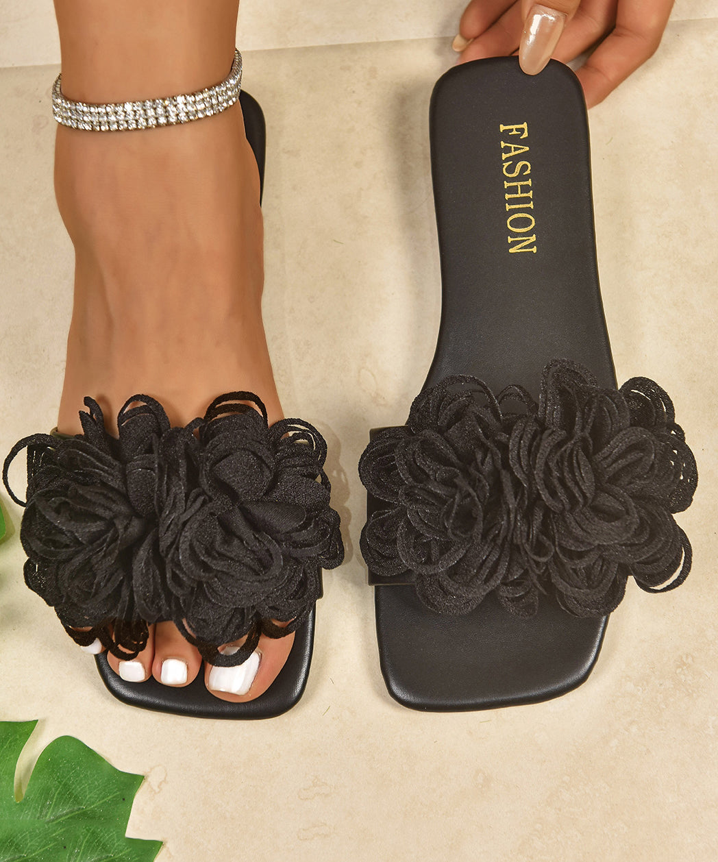 Women Black Floral Splicing Slide Sandals Peep Toe