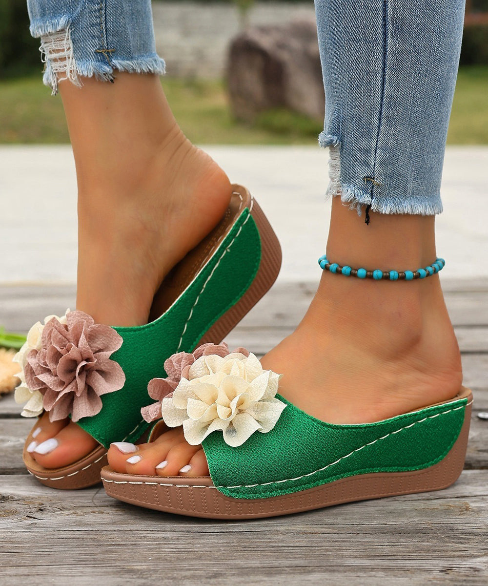 Women Black Floral Splicing Wedge Slide Sandals Peep Toe
