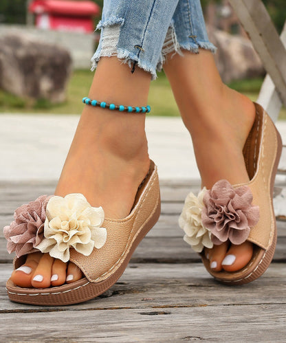 Women Black Floral Splicing Wedge Slide Sandals Peep Toe