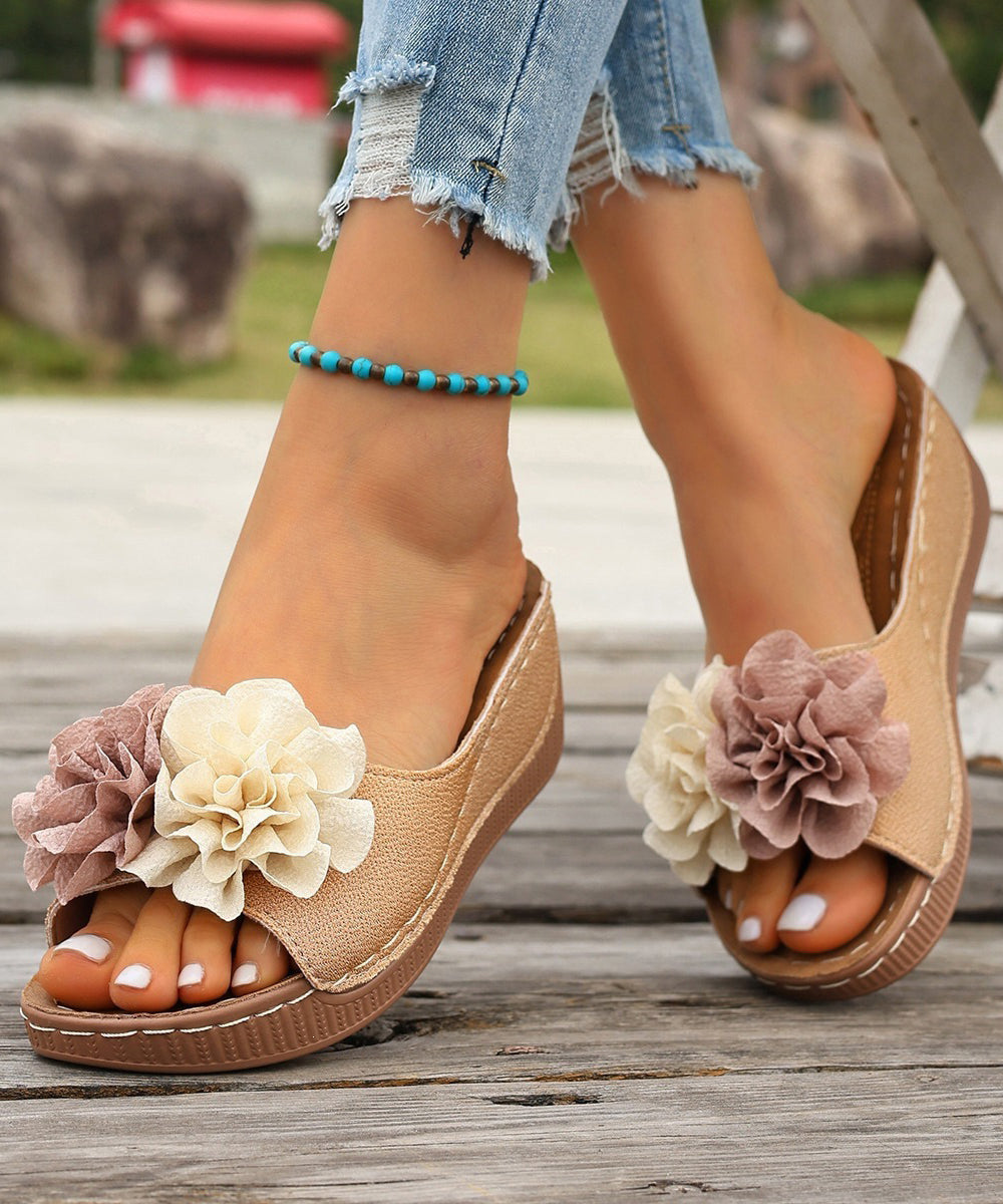 Women Black Floral Splicing Wedge Slide Sandals Peep Toe