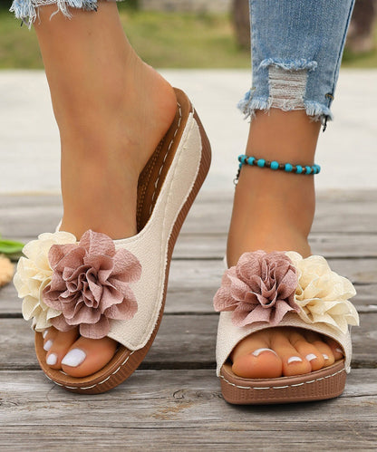 Women Black Floral Splicing Wedge Slide Sandals Peep Toe