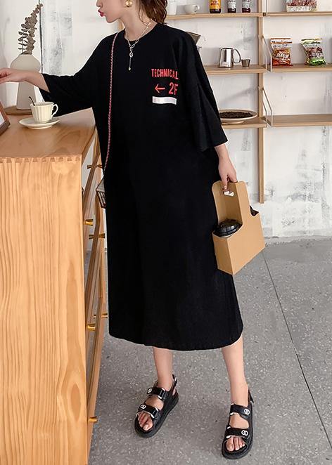 Women Black Graphic Cotton O neck Summer Mid Dress - SooLinen