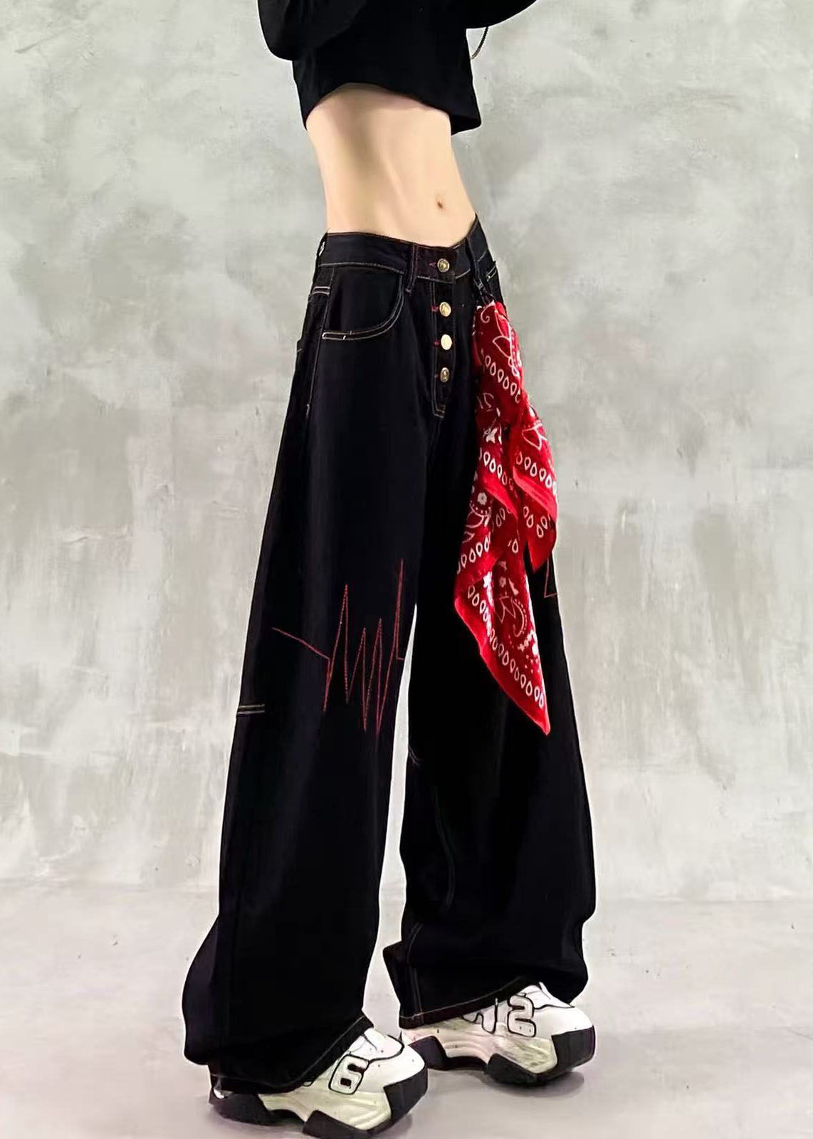 Women Black High Waist Contrast Stitching Denim Wide Leg Pants Fall