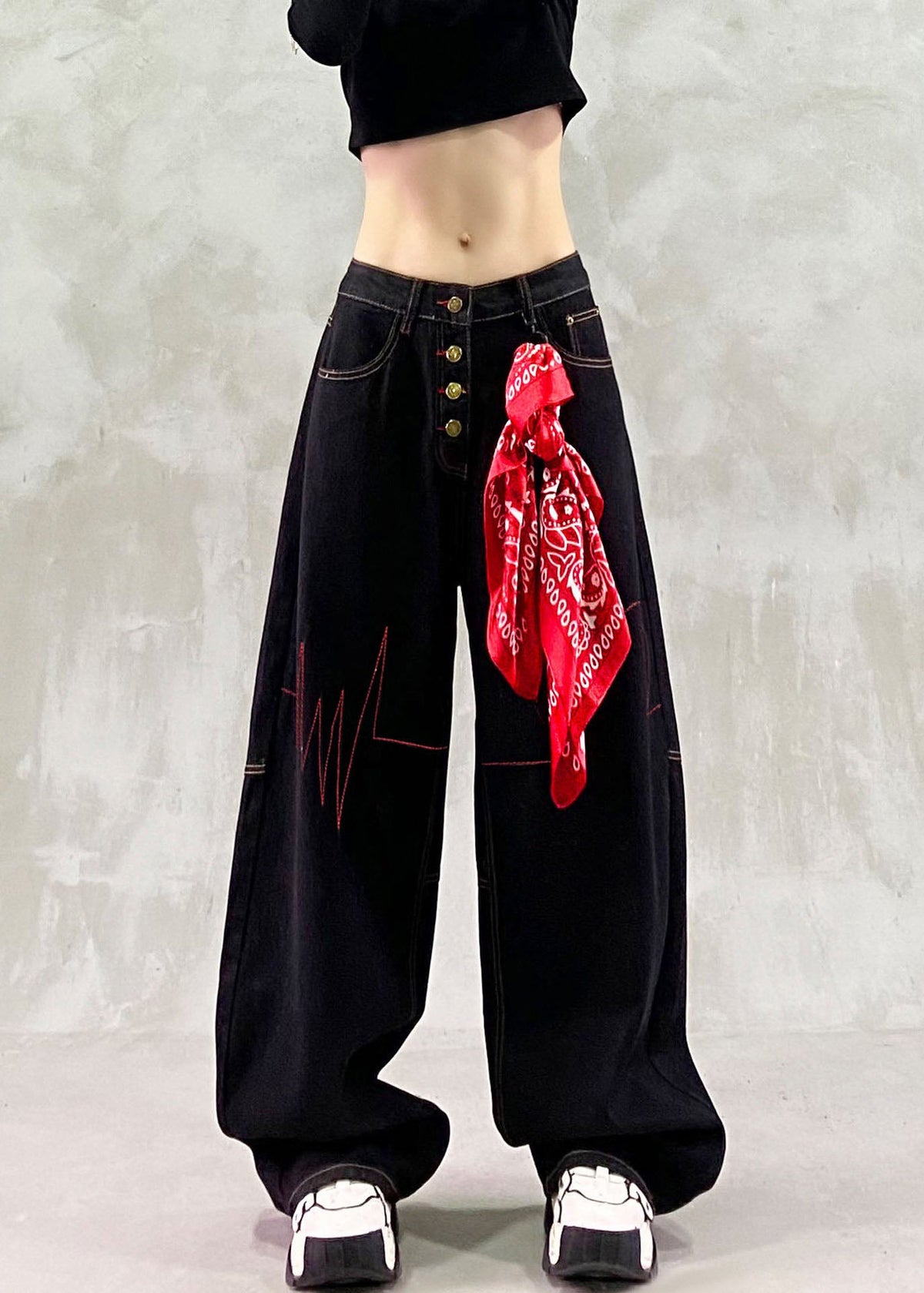 Women Black High Waist Contrast Stitching Denim Wide Leg Pants Fall