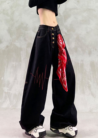 Women Black High Waist Contrast Stitching Denim Wide Leg Pants Fall