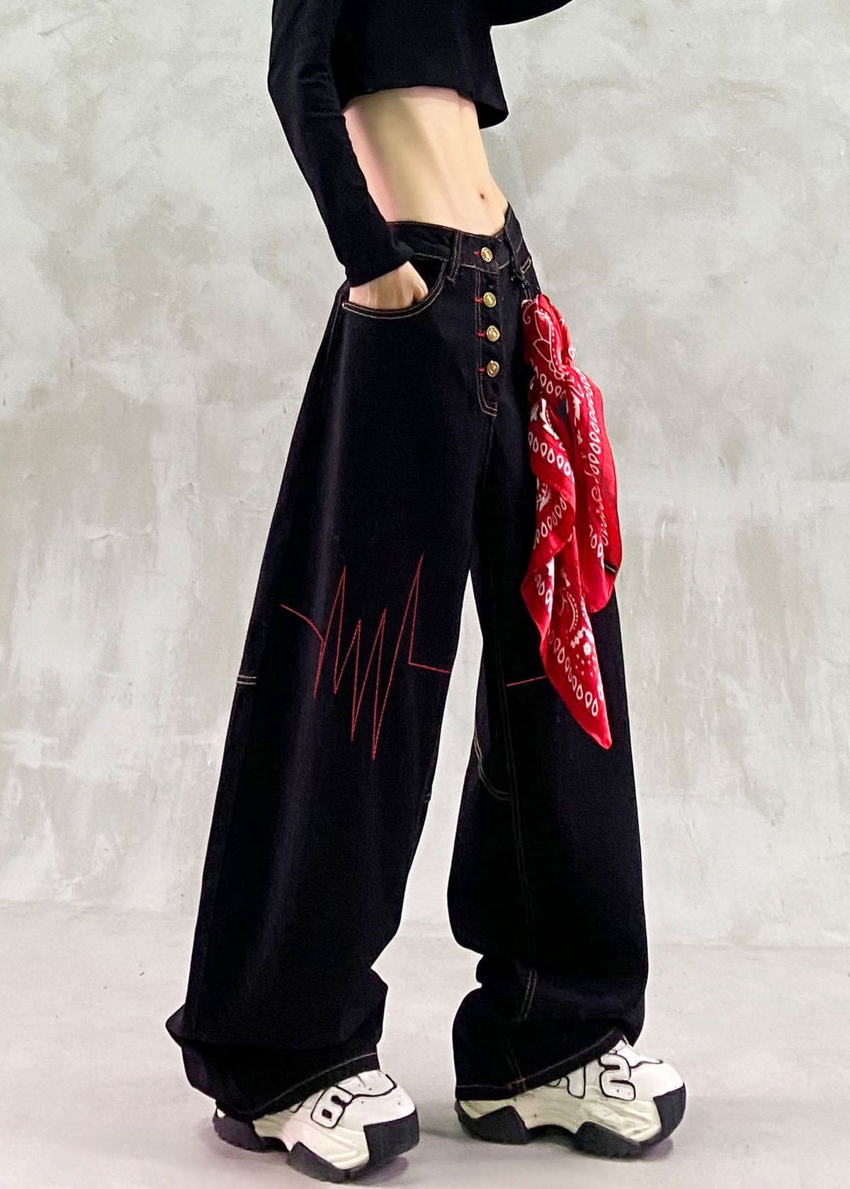 Women Black High Waist Contrast Stitching Denim Wide Leg Pants Fall