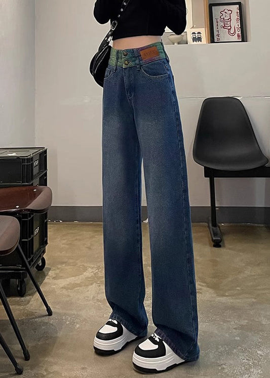 Women Black High Waist Patchwork Denim Straight Pants Spring
