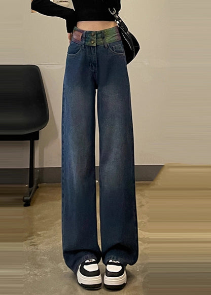 Women Black High Waist Patchwork Denim Straight Pants Spring