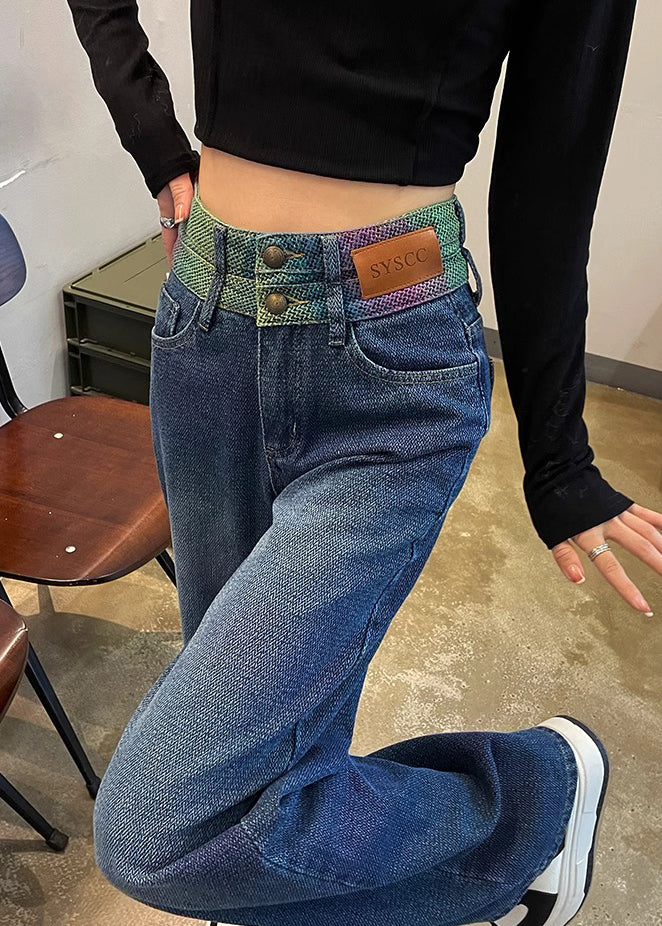 Women Black High Waist Patchwork Denim Straight Pants Spring